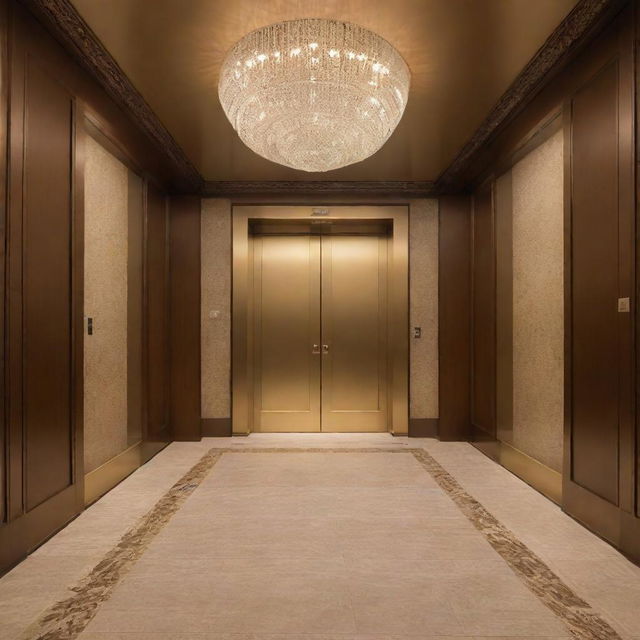 A grand, impressive elevator with elegant design elements, bathed in soft, warm lighting.