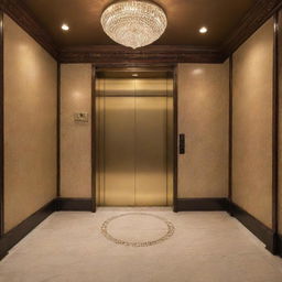 A grand, impressive elevator with elegant design elements, bathed in soft, warm lighting.