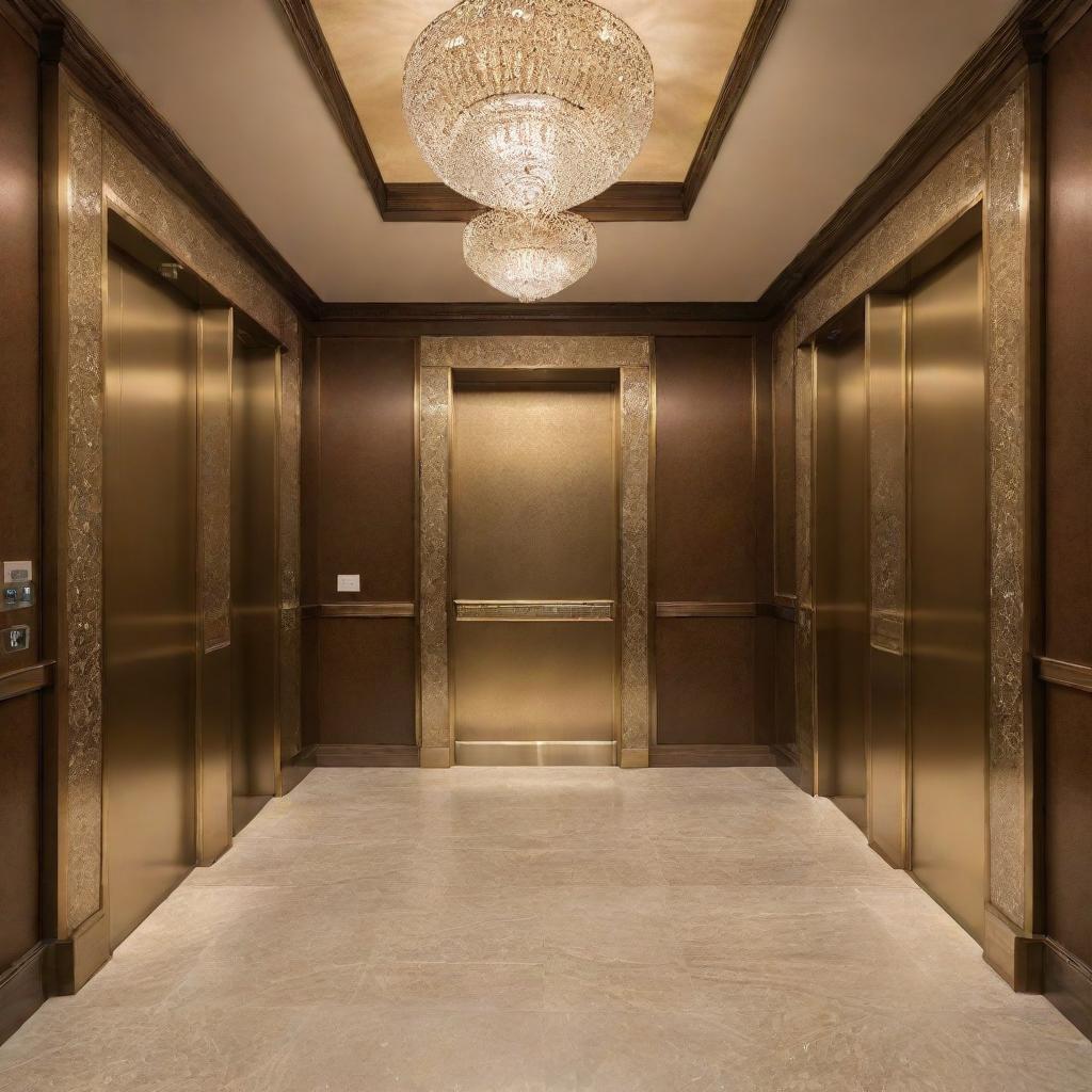 A grand, impressive elevator with elegant design elements, bathed in soft, warm lighting.