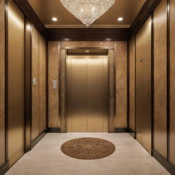 A grand, impressive elevator with elegant design elements, bathed in soft, warm lighting.