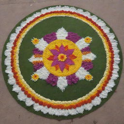 A Pongal-themed Rangoli that showcases a nature festival, beautifully embellished with an array of sweet flowers