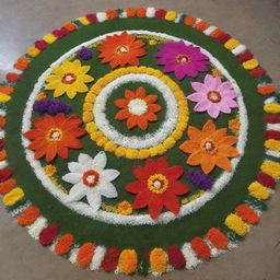 A Pongal-themed Rangoli that showcases a nature festival, beautifully embellished with an array of sweet flowers