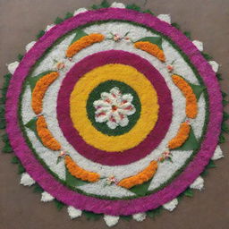 A Pongal-themed Rangoli that showcases a nature festival, beautifully embellished with an array of sweet flowers