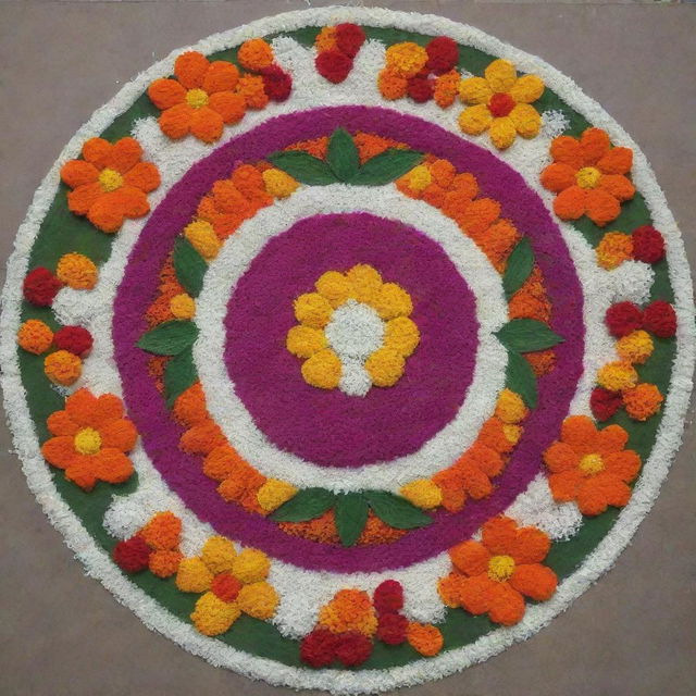 A Pongal-themed Rangoli that showcases a nature festival, beautifully embellished with an array of sweet flowers