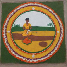 A detailed Pongal Rangoli design featuring a hardworking farmer as the central motif