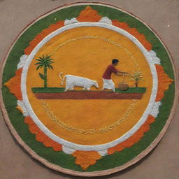 A detailed Pongal Rangoli design featuring a hardworking farmer as the central motif