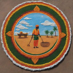 A detailed Pongal Rangoli design featuring a hardworking farmer as the central motif