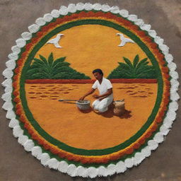 A detailed Pongal Rangoli design featuring a hardworking farmer as the central motif