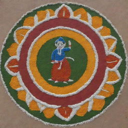 A simple, straightforward Pongal Rangoli design that includes the figure of a hardworking farmer as its focal point.