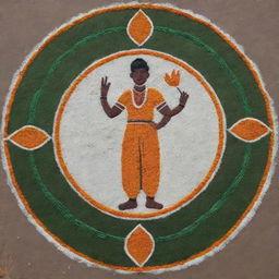 A simple, straightforward Pongal Rangoli design that includes the figure of a hardworking farmer as its focal point.