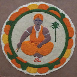 A simple, straightforward Pongal Rangoli design that includes the figure of a hardworking farmer as its focal point.