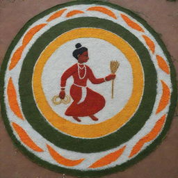 A simple, straightforward Pongal Rangoli design that includes the figure of a hardworking farmer as its focal point.