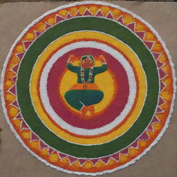 An easily achievable, colorful Pongal Rangoli with diverse designs seamlessly integrated and featuring a lively cartoon farmer