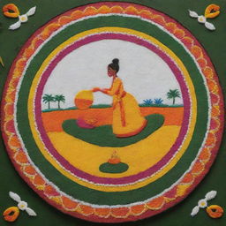 An easily achievable, colorful Pongal Rangoli with diverse designs seamlessly integrated and featuring a lively cartoon farmer