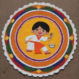 An easily achievable, colorful Pongal Rangoli with diverse designs seamlessly integrated and featuring a lively cartoon farmer