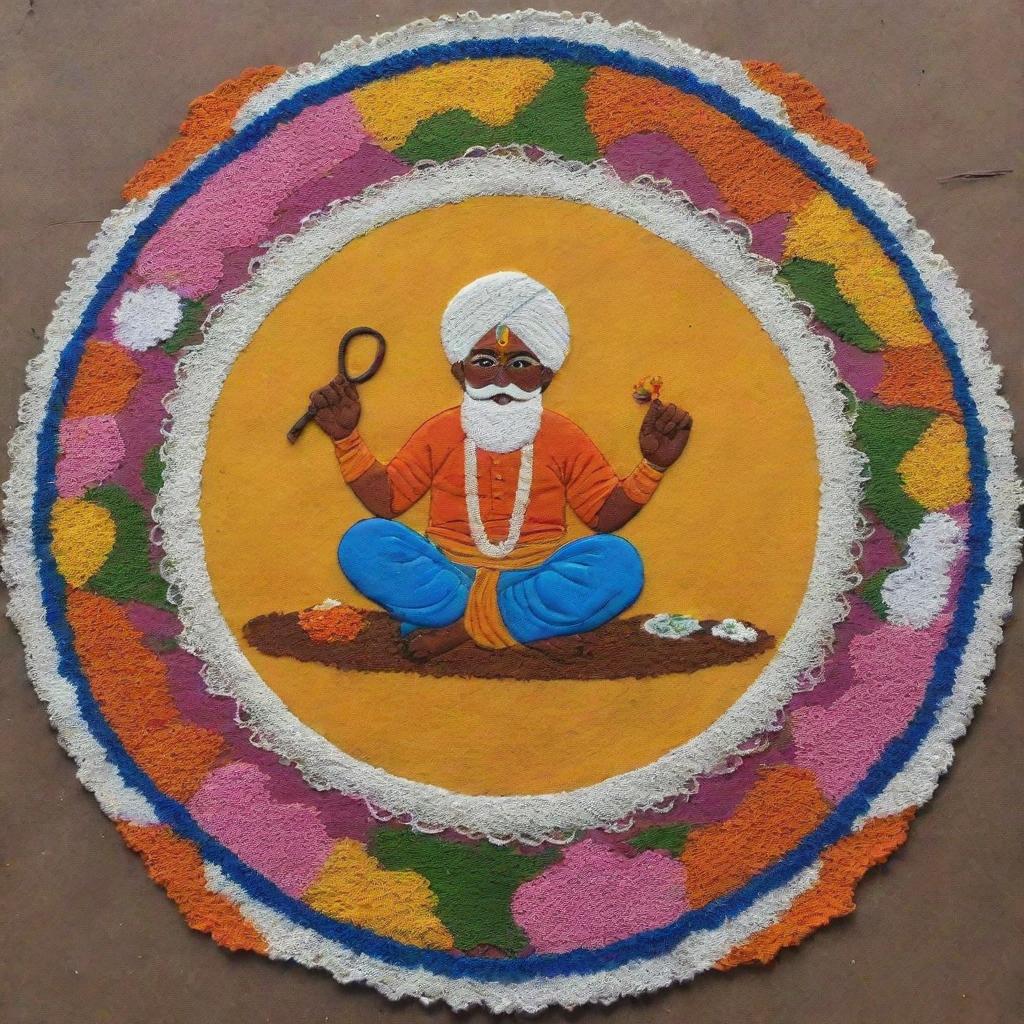 An easily achievable, colorful Pongal Rangoli with diverse designs seamlessly integrated and featuring a lively cartoon farmer