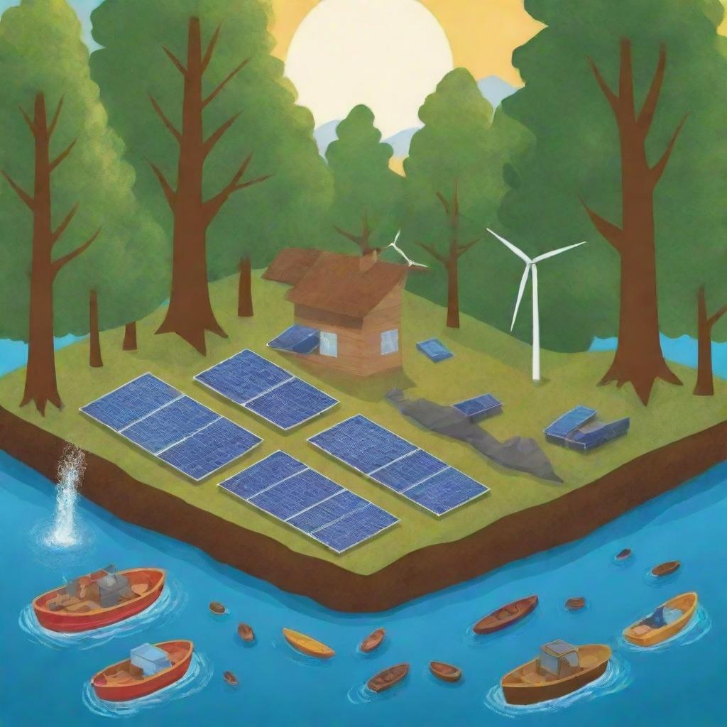 Illustrate a poster showcasing sustainable management of natural resources. It should highlight renewable energy sources like solar and wind power, water conservation efforts, and forest preservation.