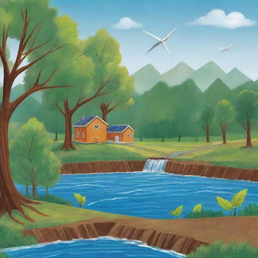 Illustrate a poster showcasing sustainable management of natural resources. It should highlight renewable energy sources like solar and wind power, water conservation efforts, and forest preservation.