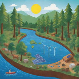 Illustrate a poster showcasing sustainable management of natural resources. It should highlight renewable energy sources like solar and wind power, water conservation efforts, and forest preservation.