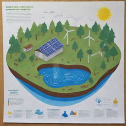 Illustrate a poster showcasing sustainable management of natural resources. It should highlight renewable energy sources like solar and wind power, water conservation efforts, and forest preservation.