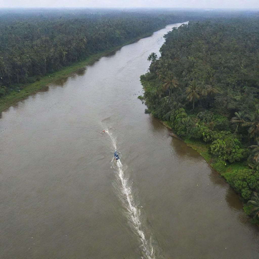 Aerial perspective of Kerala, half submerged in water. The Malayalam text 'അളവുകോൽ' bisects the image. An helicopter, extending a rescue rope towards a casualty on the 'ൽ' character, soars above tumultuous, fish-filled waters.