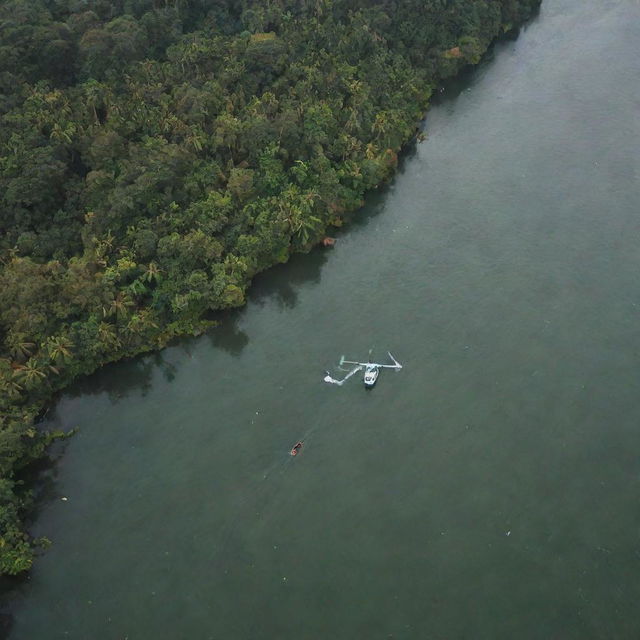 Aerial perspective of Kerala, half submerged in water. The Malayalam text 'അളവുകോൽ' bisects the image. An helicopter, extending a rescue rope towards a casualty on the 'ൽ' character, soars above tumultuous, fish-filled waters.