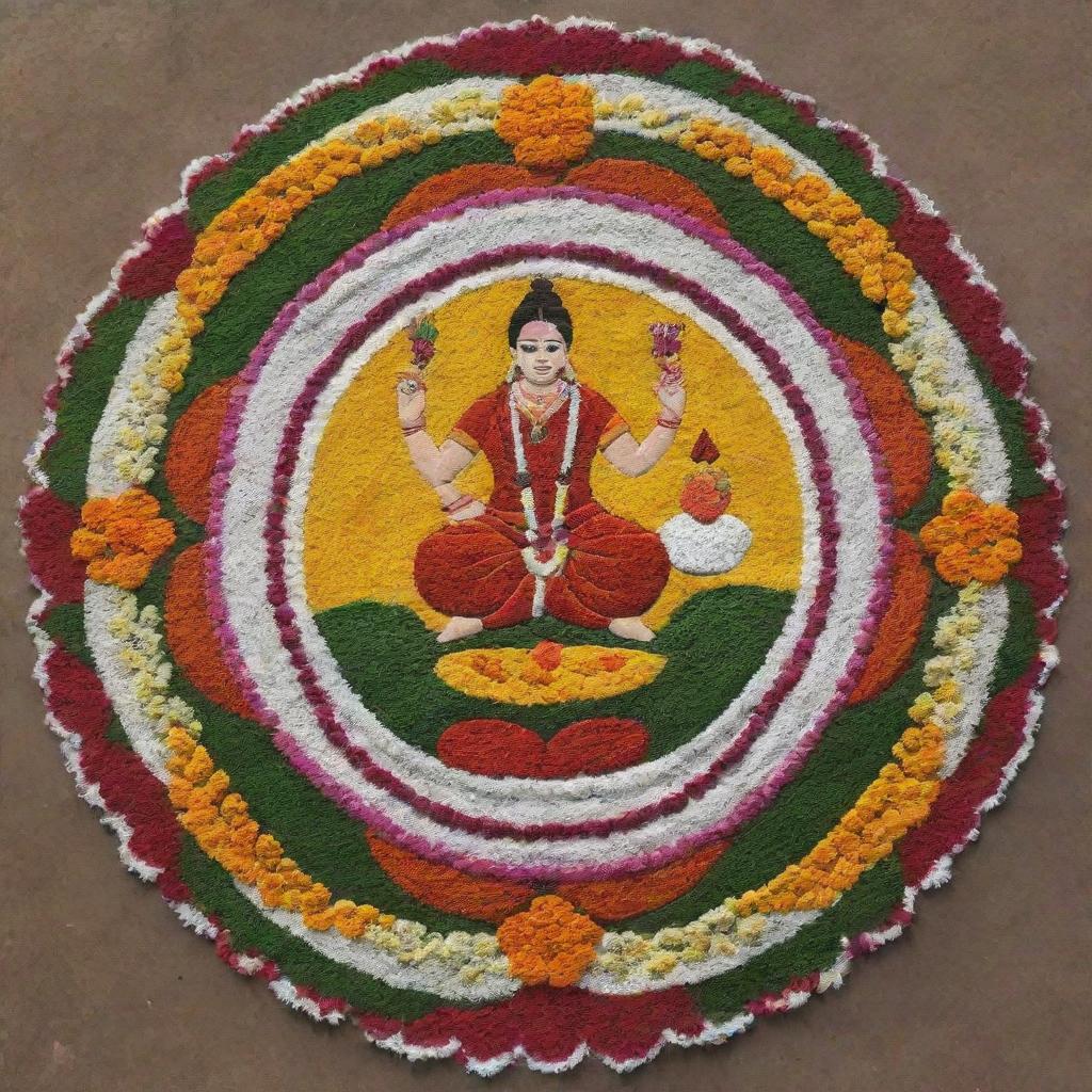 A simple, vibrant Pongal Rangoli abundant with floral designs and a charming cartoon farmer depicted at the side as part of the Rangoli