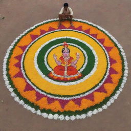 A simple, vibrant Pongal Rangoli abundant with floral designs and a charming cartoon farmer depicted at the side as part of the Rangoli