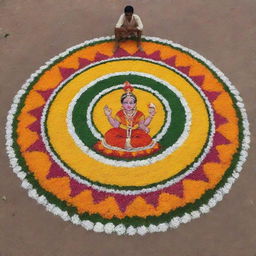 A simple, vibrant Pongal Rangoli abundant with floral designs and a charming cartoon farmer depicted at the side as part of the Rangoli