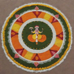 A simple, vibrant Pongal Rangoli abundant with floral designs and a charming cartoon farmer depicted at the side as part of the Rangoli