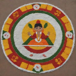 A simple, vibrant Pongal Rangoli abundant with floral designs and a charming cartoon farmer depicted at the side as part of the Rangoli