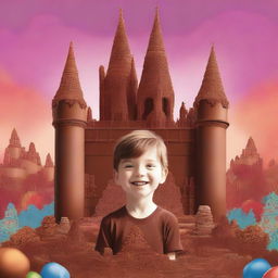A vibrant digital art featuring Charlie, a young boy with a gleeful expression, standing in front of a grand castle made entirely of different types of chocolate