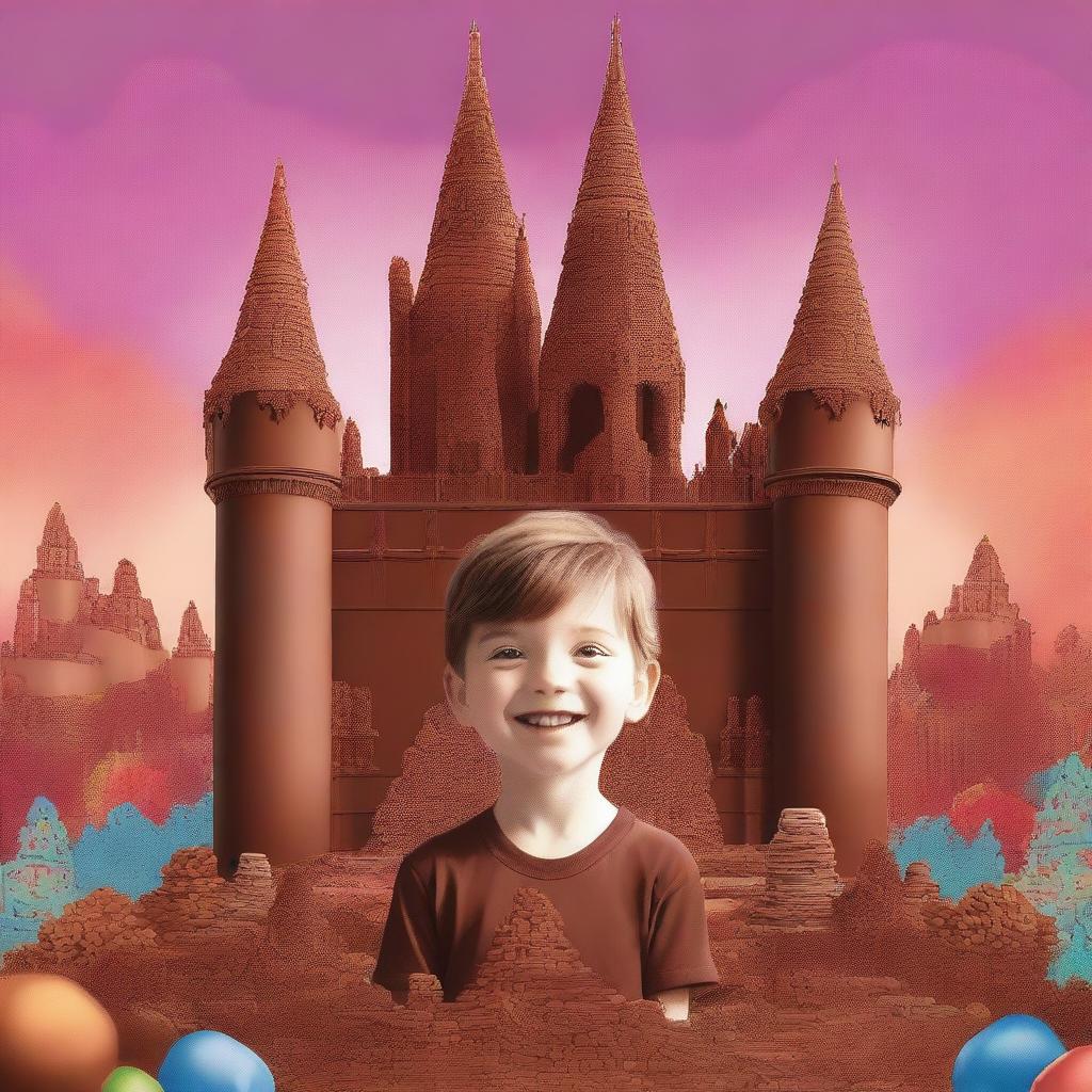 A vibrant digital art featuring Charlie, a young boy with a gleeful expression, standing in front of a grand castle made entirely of different types of chocolate