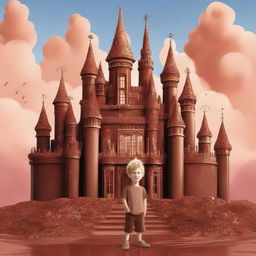 A vibrant digital art featuring Charlie, a young boy with a gleeful expression, standing in front of a grand castle made entirely of different types of chocolate