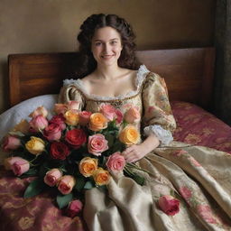 Set in the 17th century, a woman lounges contentedly on her bed, a radiant smile on her face as she lovingly holds bouquets of multicolored roses