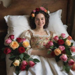 Set in the 17th century, a woman lounges contentedly on her bed, a radiant smile on her face as she lovingly holds bouquets of multicolored roses