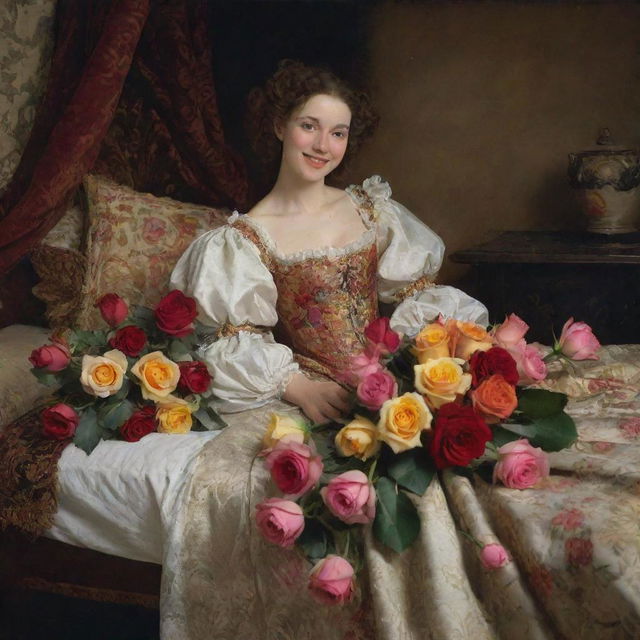 Set in the 17th century, a woman lounges contentedly on her bed, a radiant smile on her face as she lovingly holds bouquets of multicolored roses