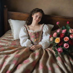 Set in the 17th century, a woman lounges contentedly on her bed, a radiant smile on her face as she lovingly holds bouquets of multicolored roses