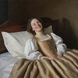 In a 17th-century setting, a woman reclines blissfully on her bed, her eyes sweetly closed as a genuine smile graces her face, encapsulating pure joy