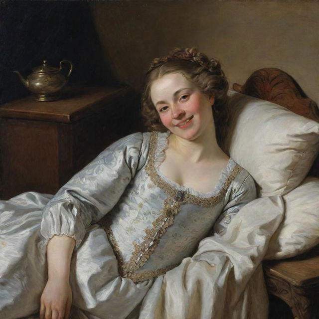 In a 17th-century setting, a woman reclines blissfully on her bed, her eyes sweetly closed as a genuine smile graces her face, encapsulating pure joy