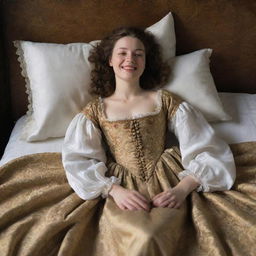 In a 17th-century setting, a woman reclines blissfully on her bed, her eyes sweetly closed as a genuine smile graces her face, encapsulating pure joy