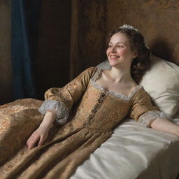 In a 17th-century setting, a woman reclines blissfully on her bed, her eyes sweetly closed as a genuine smile graces her face, encapsulating pure joy