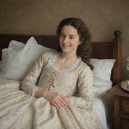 In a tranquil 18th-century scene, a woman lies contently on her bed, her eyes serenely shut and a radiant smile on her face