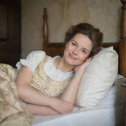 In a tranquil 18th-century scene, a woman lies contently on her bed, her eyes serenely shut and a radiant smile on her face