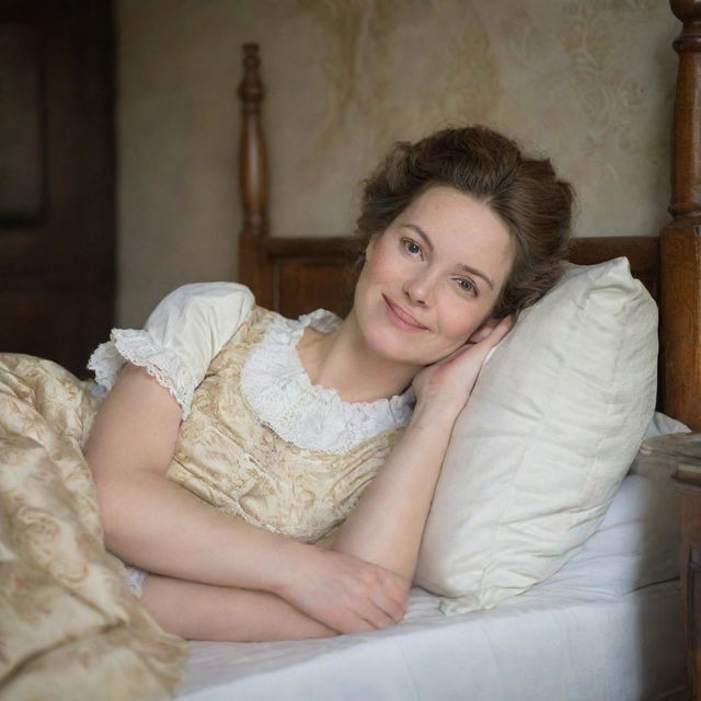 In a tranquil 18th-century scene, a woman lies contently on her bed, her eyes serenely shut and a radiant smile on her face