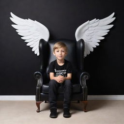 Create a 3D illusion of a boy in a black shirt sitting casually on a Wingback Chair, without shadow. The background should feature 'sufian' in large, capital white fonts on a black wall. Add wings to the boy, giving the image an angelic feel.