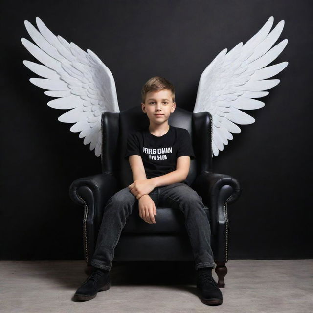 Create a 3D illusion of a boy in a black shirt sitting casually on a Wingback Chair, without shadow. The background should feature 'sufian' in large, capital white fonts on a black wall. Add wings to the boy, giving the image an angelic feel.