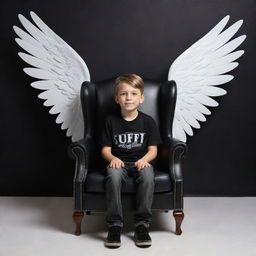 Create a 3D illusion of a boy in a black shirt sitting casually on a Wingback Chair, without shadow. The background should feature 'sufian' in large, capital white fonts on a black wall. Add wings to the boy, giving the image an angelic feel.