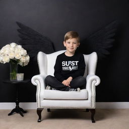 Create a 3D illusion of a boy in a black shirt sitting casually on a Wingback Chair, without shadow. The background should feature 'sufian' in large, capital white fonts on a black wall. Add wings to the boy, giving the image an angelic feel.