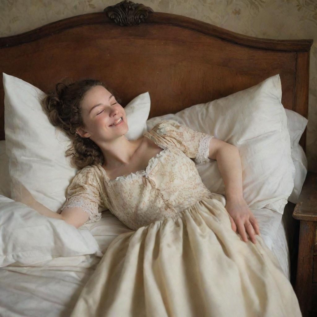 In an intimate 18th-century setting, a woman reclines blissfully on her bed, her hands delicately covering her eyes as a warm, delighted smile adorns her face